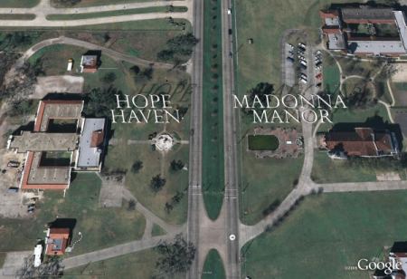 Google Earth image of Hope Haven on the left and Madonna Manor on the right, from overhead.